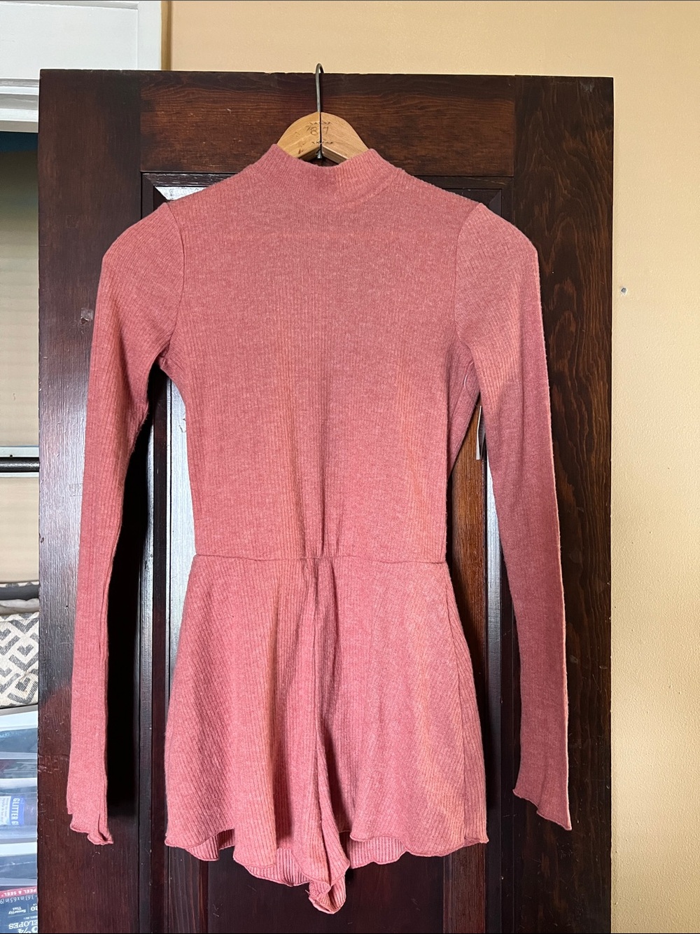 Urban Outfitters Dusty Rose Ribbed Long-Sleeve Romper